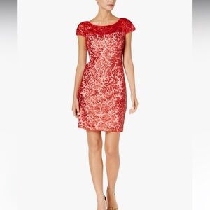 Calvin Klein Red Sequin Boat Nexk Sheath Mini Cocktail Dress Size 12